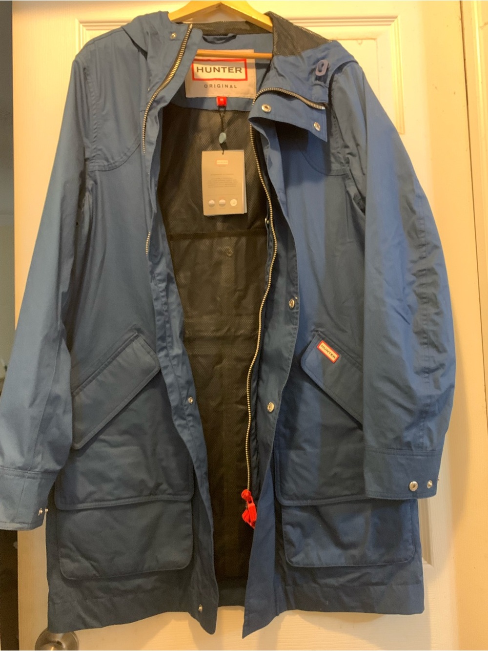 Hunter Blue Hooded Raincoat with Front Pockets